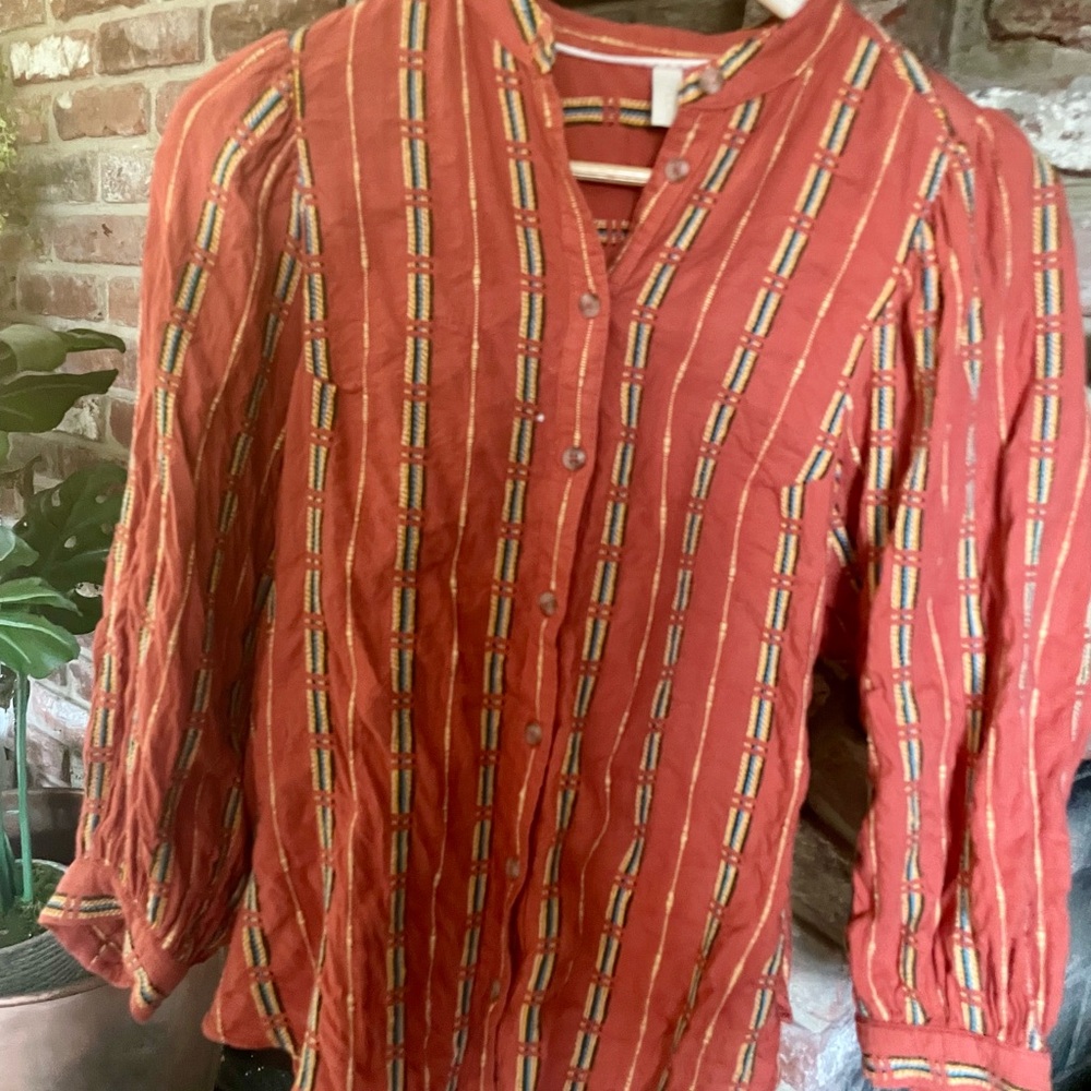 Anthropologie | Pilcro Bella Femme Orange Striped Embroidered Button Down Shirt - Picture 3 of 14
